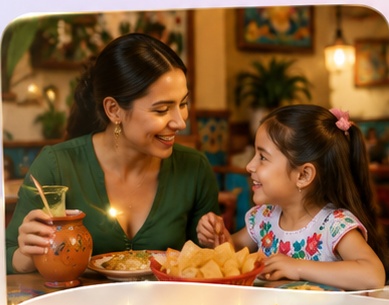 Familia disfrutando comida mexicana en un ambiente alegre